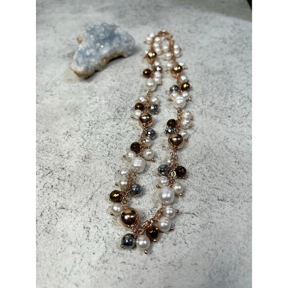 Honora Bronze Italy Pearl Chain Necklace bead grey   Gold tone - Picture 3 of 10